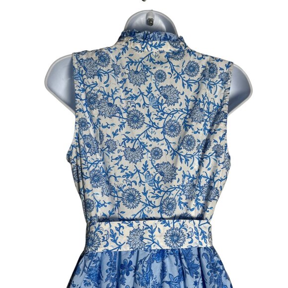 CeCe Women’s Blue White Floral Ruffle belted Midi Dress Size Small 100% Cotton - Picture 9 of 13